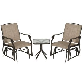 Outsunny 3 Piece Outdoor Glider Chair with Coffee Table Bistro Set, 2 Patio Rocking Swing Chairs with Breathable Sling Fabric, Glass Tabletop