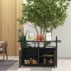 Outsunny PE Rattan Outdoor Bar Table, Outdoor Kitchen Island with 2-Tier Shelf & Cabinet, Patio Serving Cart with Glass Top, Handles