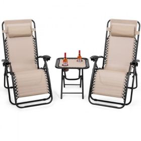 Pool Garden Patio Portable Zero Gravity Folding Reclining Lounge Chairs Table 3 Pieces Set (Color: Beige, Type: Chaise Lounge)