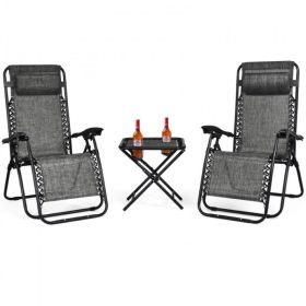 Pool Garden Patio Portable Zero Gravity Folding Reclining Lounge Chairs Table 3 Pieces Set (Color: GRAY, Type: Chaise Lounge)