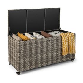 96 Gallon PE Wicker Outdoor Storage Box with 4 Wheels (Color: GRAY)
