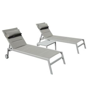 Outdoor Patio Chaise Lounge Set of 3, Aluminum Pool Lounge Chairs with Side Table and Wheels (Color: as Pic)